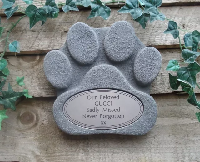 Dog Paw Stone Memorial with Silver Plaque for Garden or Fence