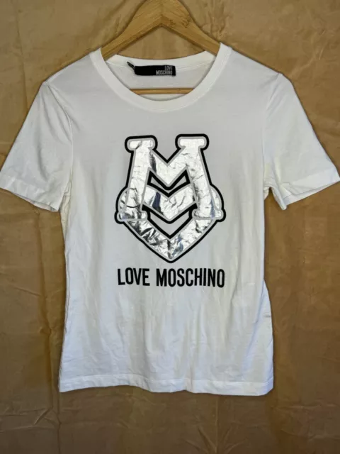 LOVE Moschino Silver Heart Luxury Designer White T-shirt Size US 4 Defect