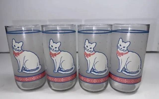 Set of 4 Vintage Libbey 12oz White Frosted Cat Drinking Glass Blue Pink Dots 