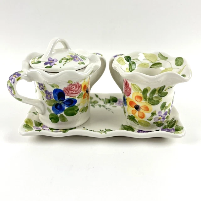 Miriam's Garden Floral Porcelain sugar bowl creamer Tray 3 pc Set Cottage Core