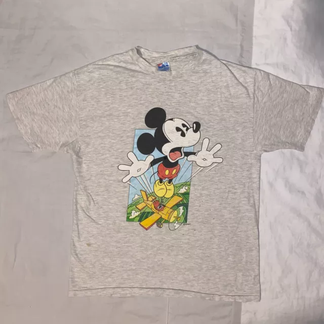 Vintage Disney Mickey Mouse Ejecting Out Of Airplane 90's Thrashed Tshirt - L