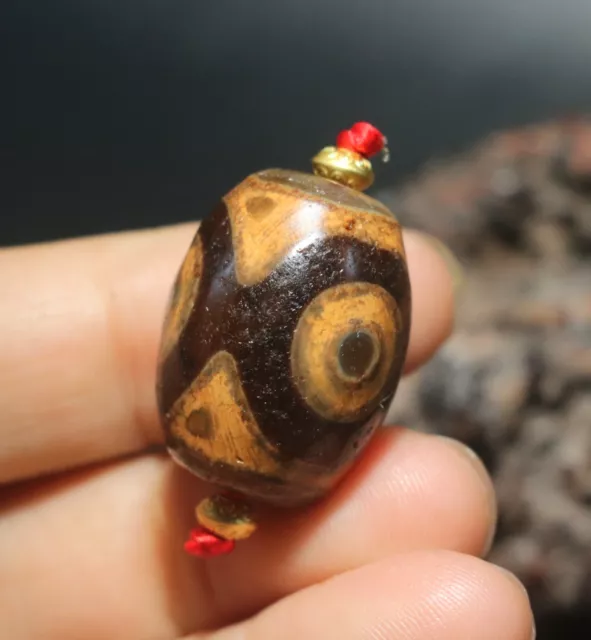 Energy Tibetan Old Agate Dragon Vein Tiger Tooth 3 Eyed Big Daluo dZi Bead Totem