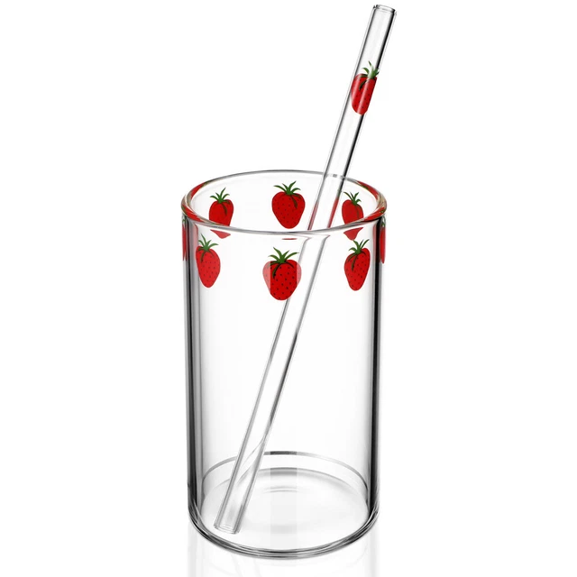 Vaso de vidrio de fresa con paja encantador vaso de vidrio de fresa con paja f