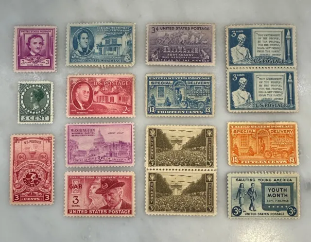 Postage Stamp Lot - 14 U.S., 1 Netherlands, Unused Vintage Stamps 70-90 Yrs Old