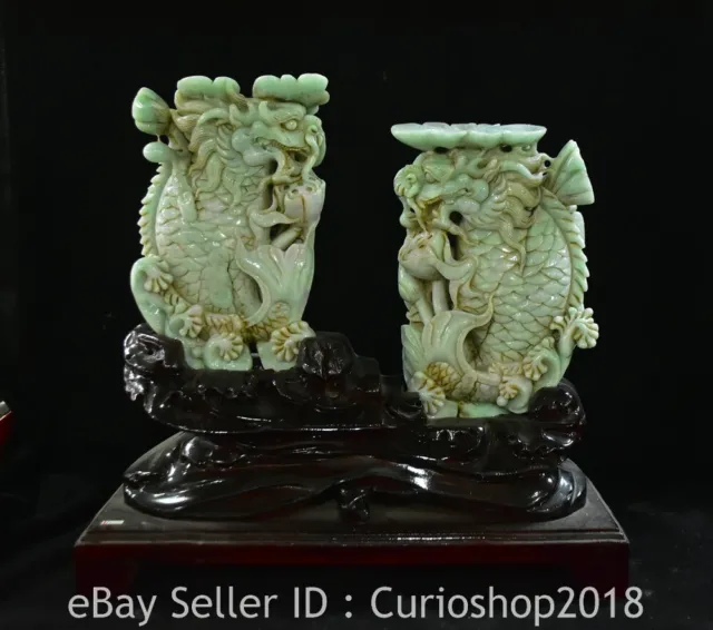 13.6" Chinese Natural Jadeite Jade Carving Lotus Flower Dragon Fish Statue Pair