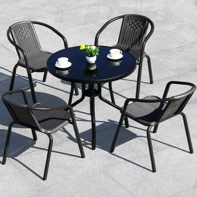 Black Glass Top Garden Table Patio Dining Table with Parasol Hole and 4 Chairs