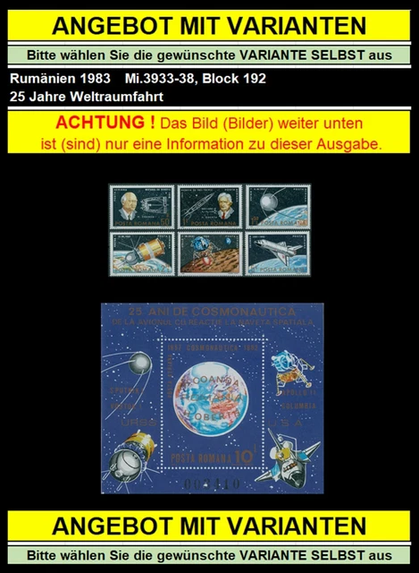 Rumänien 1983 Weltraumfahrt,Kosmos,Colambia,Vostok,Sputnik Mi.3933-38,Block 192