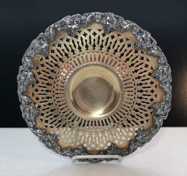 Brass Copper Silvertone Reticulated Footed Dish Grape Leaf Pattern 10 Inch Round