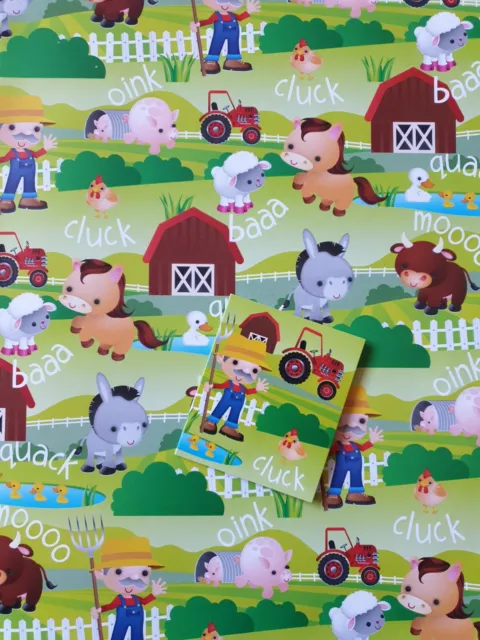2 Sheets Of Glossy Children's Birthday Wrapping Paper Farm Animals + 2 Gift Tags