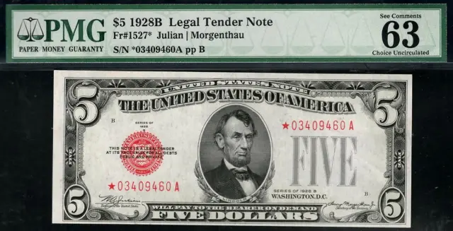 1928b* $5 Red Seal LT Legal Tender US Note • 1527* • PMG 63 EPQ • Classic Holder