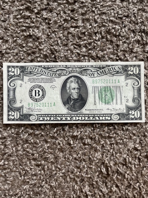 1934 $20 Dollar Bill Federal Reserve New York-B Series Note #B97520111