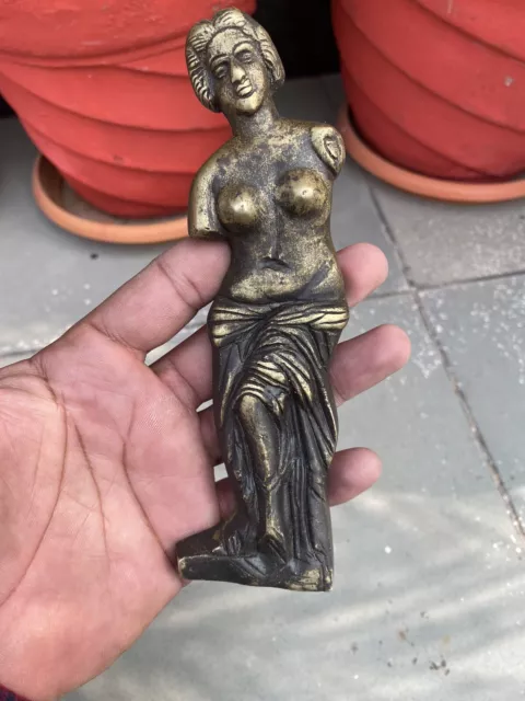 Antique Old Hand Carved Brass Nude Woman Figure Shape Door Handle Knob Rare