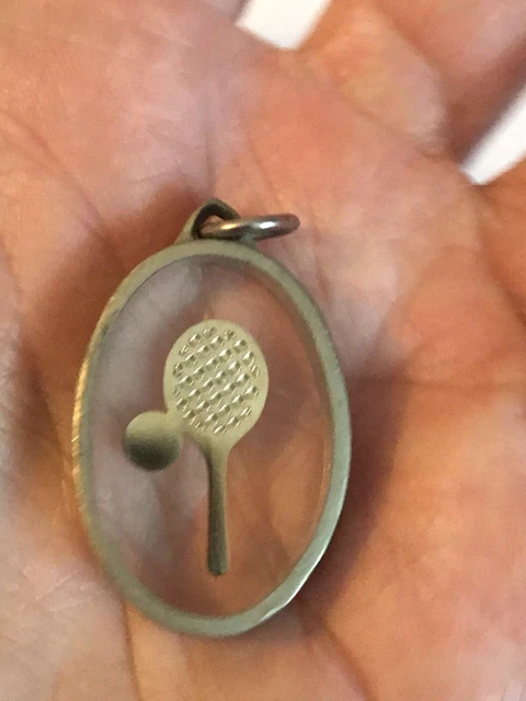Vtg Charm Pendant Tennis Racquet Ball Clear Resin Oval Silver Gold Tones