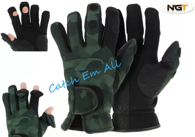 NGT Carp Fishing Gloves Camo Neoprene Shooting Hunting M L & XL