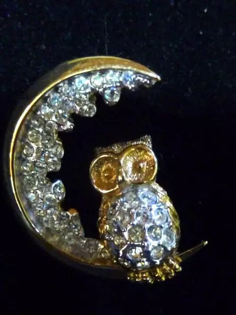 Vintage Attwood & Sawyer 22K Gold Moon & Owl Swarovski Crystal Brooch Pin