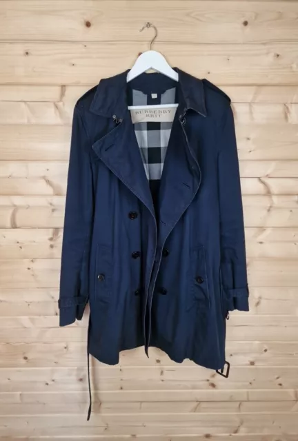 BURBERRY BRIT BLUE Gabardine Trench Coat Nova Check Belted Mac Heritage Large 250.00 PicClick UK