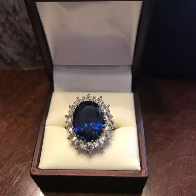 14K Solid White Gold 5.50 Ct Oval Natural Sapphire & Diamond Princess Diana Ring