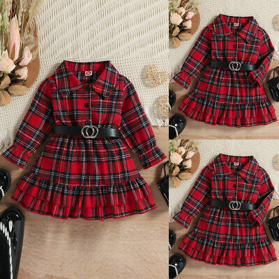 Christmas Toddler Baby Girls Plaid Belted Ruffle Dress Xmas Party Outfit Costume