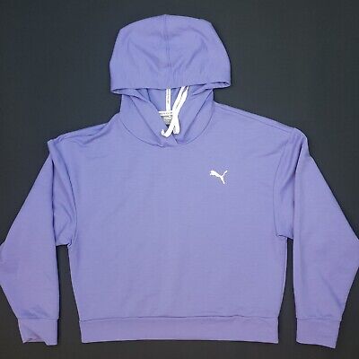 PUMA Womens Hoodie CROPPED Loose Relaxed Pullover SMALL Purple Cotton Polyester