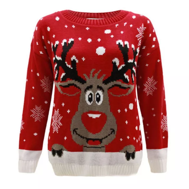 Kids Girls Boy Knitted Reindeer Rudolf Christmas Xmas Novelty Jumper Sweater Top