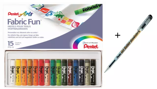 PENTEL PTS15 Stoffmalkreide Set 15 Farben + 1 Textilstift BN15 schwarz