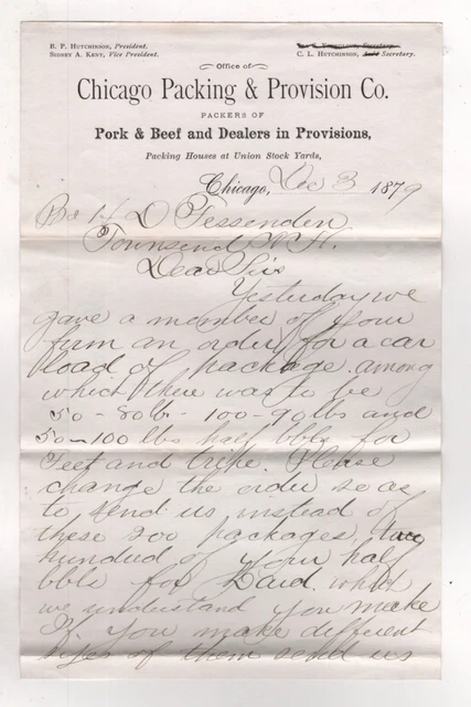 1879 Early Chicago Packing Provision Co Letterhead Pork Beef Union Stock Yard Il