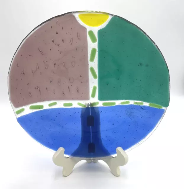 Decorative Fused Retro Multicolored Art Glass Geometric Plate Vintage 10.5"