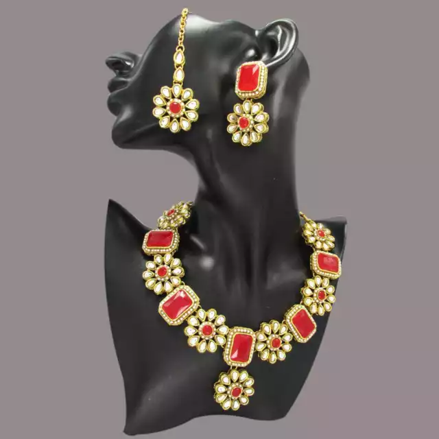 Bollywood Kundan Jewelry Gold Plated Red Choker Necklace Set Earring With Tikka