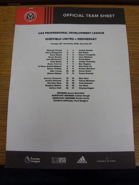 26/11/2019 Sheffield United U23 v Sheffield Wednesday U23  (single sheet, folded