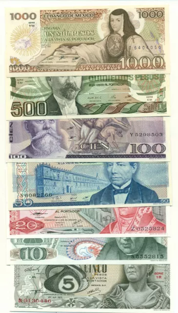 Full set of Mexican pesos bills dinero money from 5 to 1,000; Billetes de Mexico