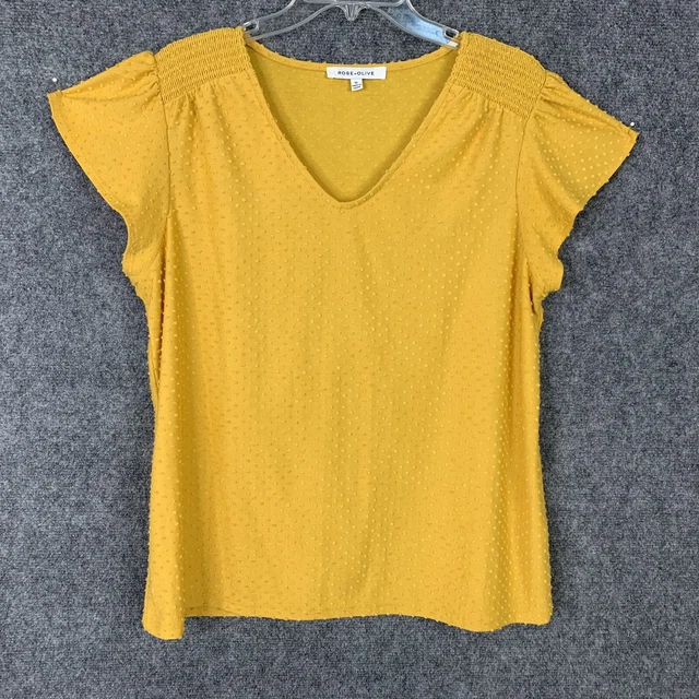 Rise + Olive Swiss Dot Golden Yellow Top Pullover Flutter Sleeve Smocking