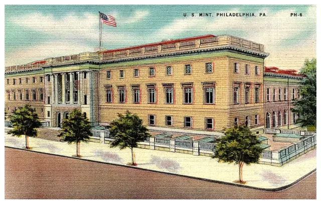 Postcard US Mint Building💥Flag Streetview Vintage Philadelphia PA #1