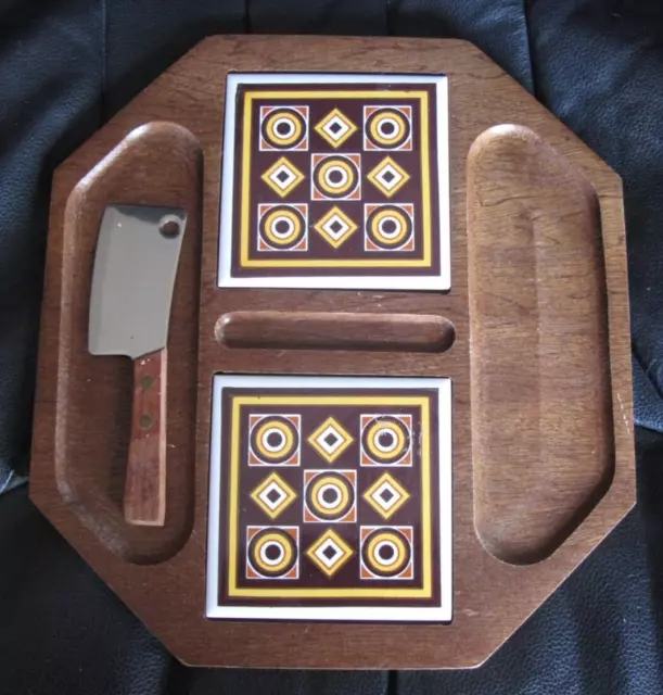 Vintage MCM Wooden Cheese & Cracker Board w Brown Ceramic Tile & Orig Knife sO22