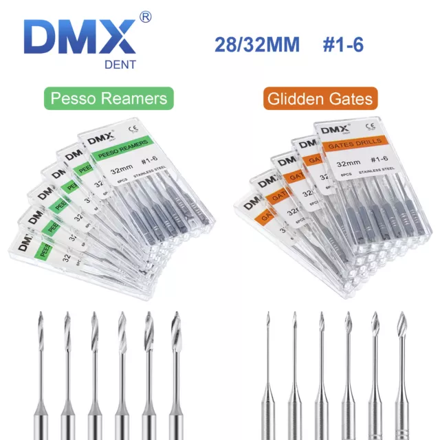 6 Pcs DMXDENT Dental Pesso Reamers/Glidden Gates Spiral Root Canal Drill 28/32mm