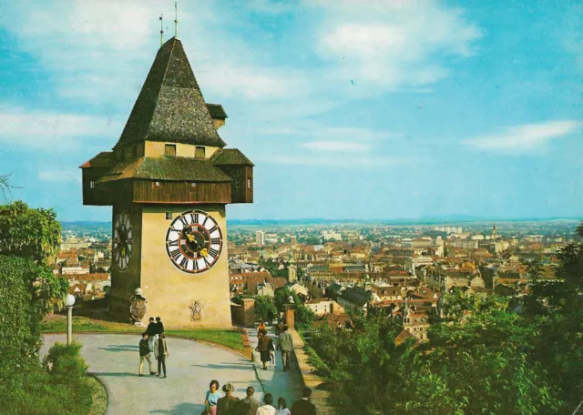 Austria - Graz  -  Uhrturm auf der Bürgerbastei mit Blick auf die Stadt  -  1981