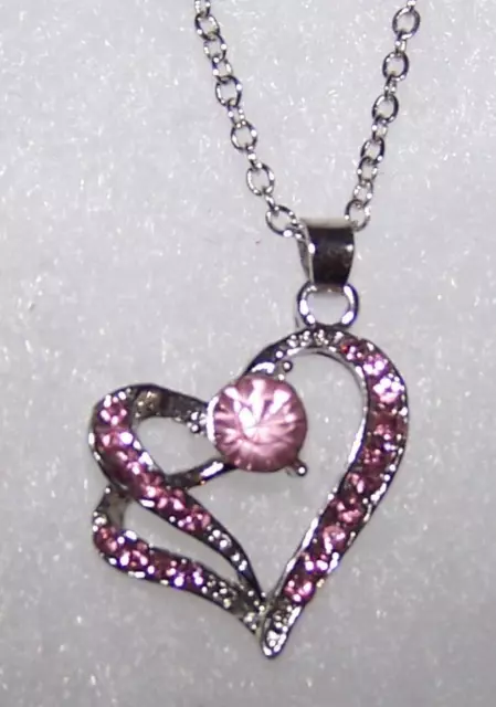 CRYSTAL PINK HEART LOVE pendant 925 Sterling SILVER 18" necklace women  C395