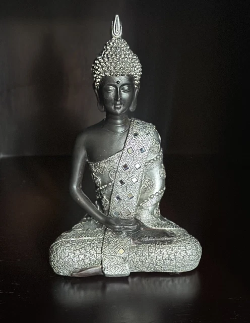 Silver Polyresin Small Sitting Buddha Tabletop Sophisticated Statue Home Decor