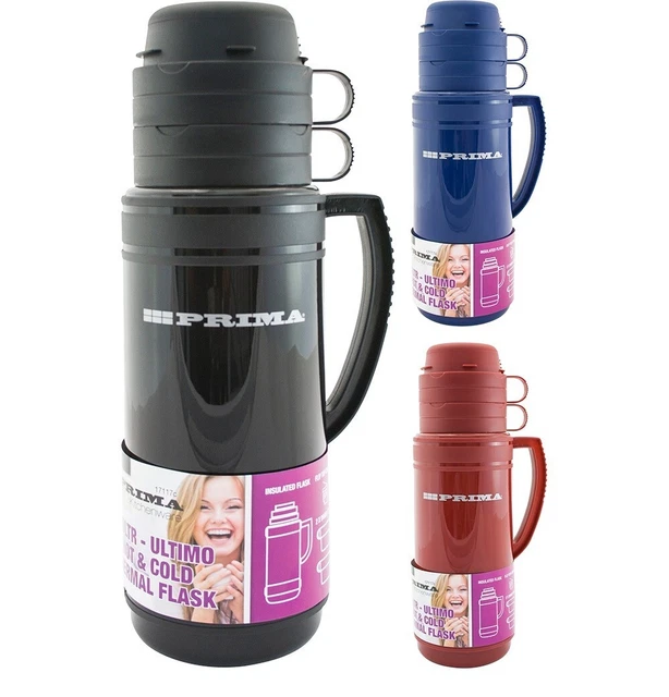 1L/1.8L Insulated Flask Camping Vacuum Hot Cold Drinks Thermos & Cup Glass Lined