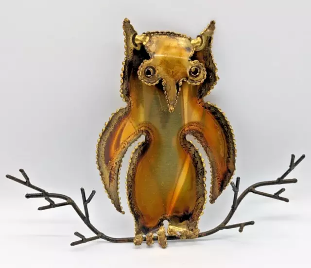 Owl on a Branch Mid Century Brass Wall Sculpture Torched 6.5 " tall Nice Quality