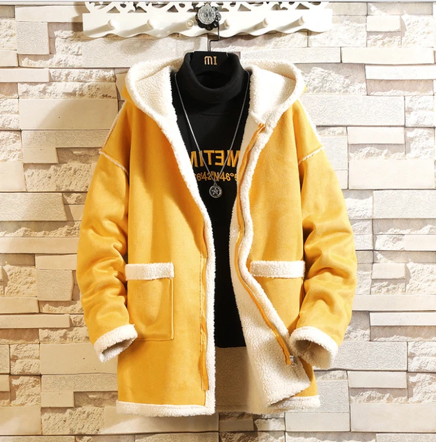 Mens Sueded Hooded Thick Fleece Lined Warm Coat Lamb Wool Loose Outwear Jacket