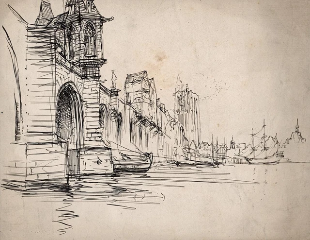 Dessin Original Frank Lewis Emanuel - Scène De Rue à Ledbury - 1945 - Signé