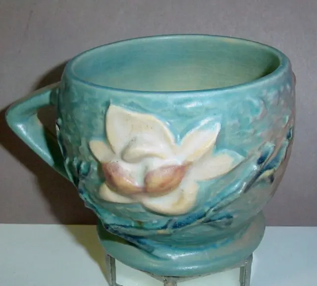 Vtg Roseville Blue Magnolia Mug Art Pottery Handled Cup Marked 3-3" GC