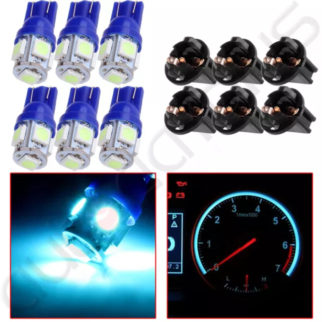 6Pcs Ice Blue T10 5Smd Led Cluster Panel Dash Bulbs Pc194 1/2 Hole Lock Socket