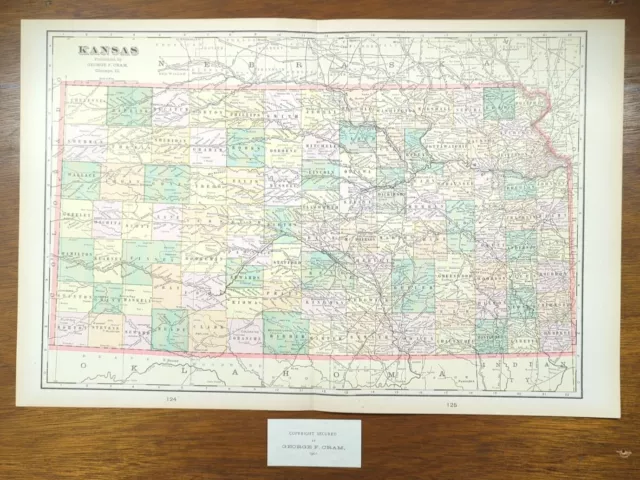 Vintage 1901 KANSAS Map 22"x14" ~ Old Antique Original SALINA TOPEKA WICHITA KS 2