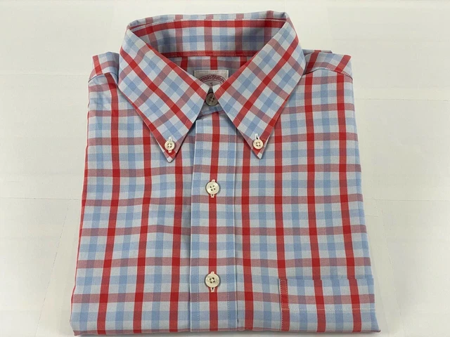 Mens Brooks Brothers Small Sky Blue Coral Bright No-Iron Trad Fit Plaid LS Shirt