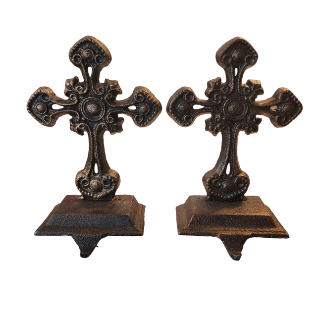 Pair Cast Iron Victorian Gothic Cross Crosses Christmas Stocking Hanger Holders