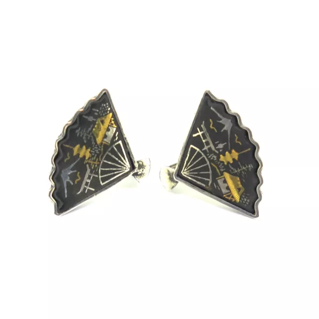 Vintage Sterling Silver Japanese Amita Damascene Fan Shape Non Pierced Earrings 3