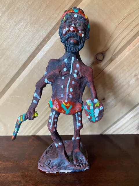 Aboriginal Figurine Man Hand Painted Clay and Wire Folk Art Vintage!
