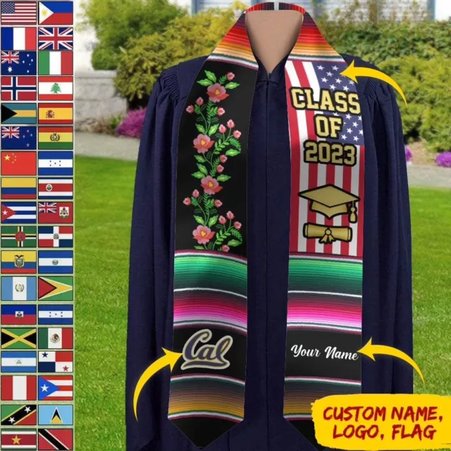Personalized Country Flag Graduation Stole, Custom Class Of 2024 Graduation Sash