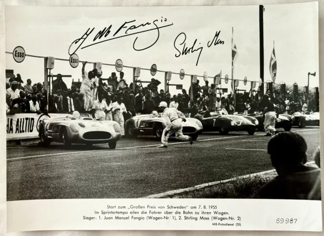 Juan Manuel Fangio / Stirling Moss Period Swiss GP Press Photograph - SIGNED